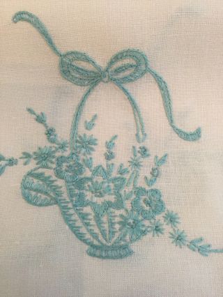 Vintage Dresser Scarf/table Runner With Aqua Embroidered Baskets Of Flowers