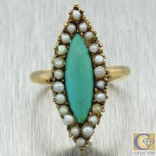 1880s Antique Victorian 14k Yellow Gold Turquoise Seed Pearls Navette Ring