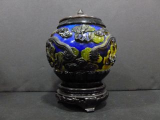 OLD CHINESE PEKING GLASS (BLUE/BLACK/GREEN/WHITE) W/ROSE WOOD LID DRAGON 6879 3