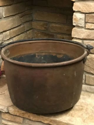Antique Large Copper Cauldron Kettle W/wrought Iron (?) Handle Patina