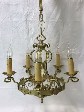 Antique Vtg Brass Gold 5 - Arm Chandelier Gothic Arts & Crafts Deco Hanging Light