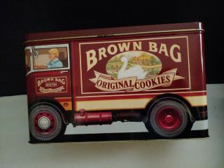 Vintage BROWN BAG COOKIE ART Advertising TIN Can Litho BOX 1950 ' s Truck CANISTER 3