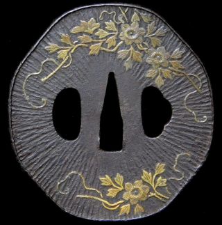 Fine Inlay Katana Tsuba Flowers 18 - 19thc Japanese Edo Antique Koshirae Fitting