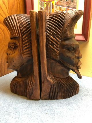 2 Bookend Busts African Hand Carved Wood Figurine Vintage 9 " Tall Heavy