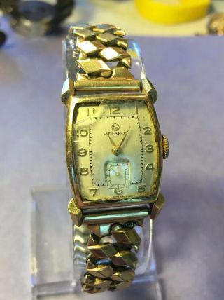 Vintage 14k Solid Gold Helbros Mens Watch.  Runs And Keeps Time.  Needs Crystal.