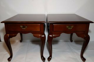 Vintage Broyhill End Tables With Drawer - Queen Anne Solid Cherry Wood