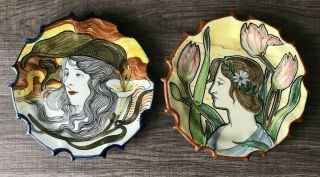 2 Salvini Italy 6 " Antique Art Nouveau Portrait Plates - Women,  Flowers - Rare