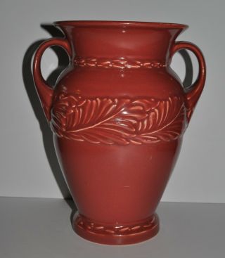 Vintage Large Abingdon Pottery Acanthus Leaf Handled Vase Maroon Red 10.  5 " Tall
