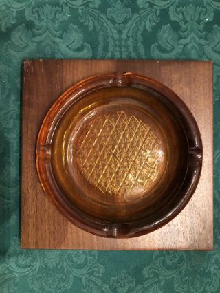 Amber Glass Ashtray Diamond Pattern & Walnut Wood Slanted Tray Vintage James