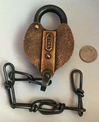Vintage Yale - Polished Brass Heart - Shaped Railroad Rr Padlock Lock With Chain