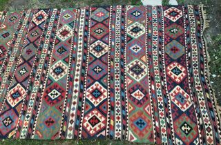 Large Antique Kilim Flat Weave Turkish Rug Hand - Woven Geometric 6 Feet X 11 Feet