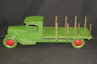 Antique Turner Toy Flatbed Stake Side Truck Pressed Steel Green Red Large 22 "