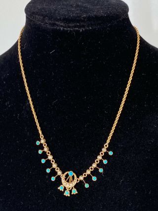 Antique 9ct Gold Necklace With Turquoise And Pearl Weighs 9.  7 Grames
