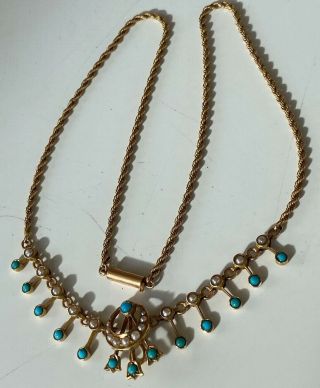 ANTIQUE 9CT GOLD NECKLACE WITH TURQUOISE AND PEARL WEIGHS 9.  7 GRAMES 2