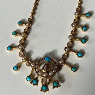 ANTIQUE 9CT GOLD NECKLACE WITH TURQUOISE AND PEARL WEIGHS 9.  7 GRAMES 3