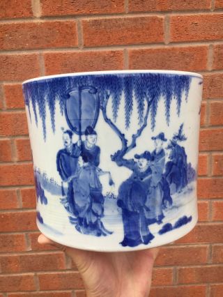 Fine 19th Century Antique Chinese Blue And White Porcelain Brush Pot Kangxi