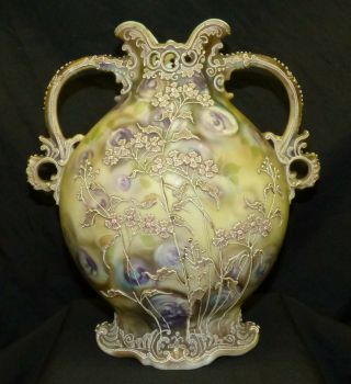 Antique Nippon Moriage Porcelain Double Handled Vase W/ Painted Flowers Floral