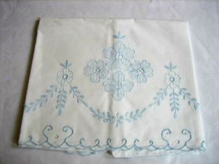 Vintage Pair White Pillowcases - - Blue Embroidery & Eyelets