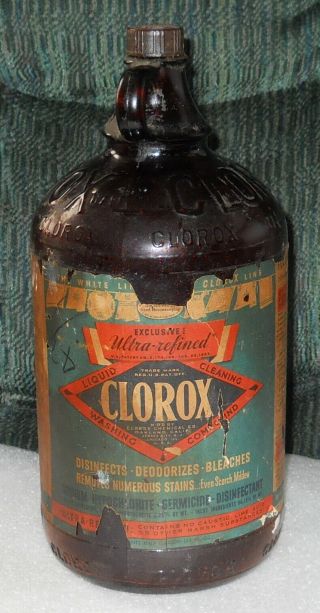 Vintage Clorox Brown Glass Bottle W/ Label Gallon 64oz