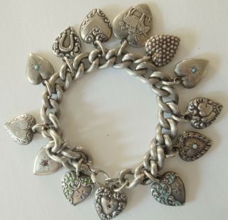 Antique Sterling Silver Heart Charm Bracelet 13 Charms