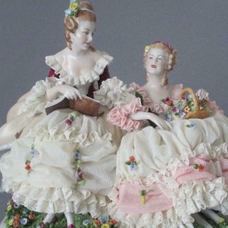 Antique Large Dresden Porcelain Lace Figurine 2 Ladies Basket Of Flowers Book