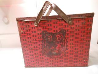 Antique Tiger Tobacco Tin Red Picnic Basket Style Tobacciana Made In Usa