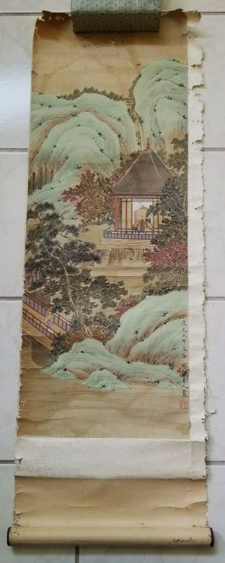 Antique Chinese Signed Painting Of Landscape With Scholars.  Dated Daoguang 9th.