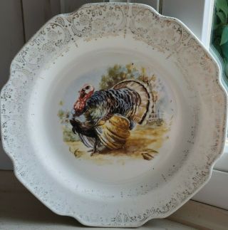 Homer Laughlin Dinner Plate.  Warranted 22kgold Thanksgiving Turkey.  Vintage.  Guc