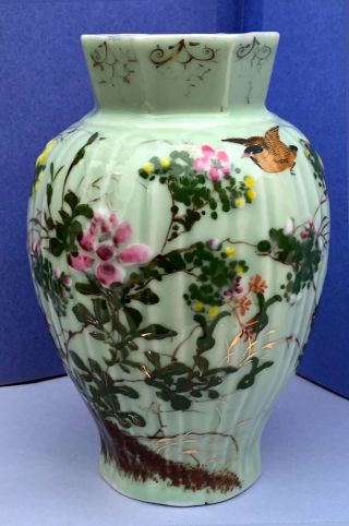 Japanese Meiji Seto Green Celadon Porcelain Vase W Raised Flowers & Bird.  Signed
