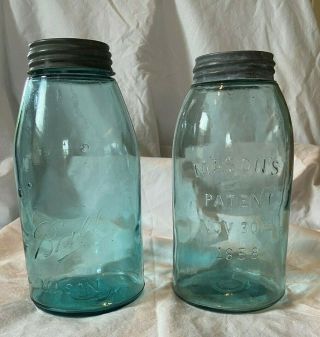 2 Vintage Light Blue Glass 1 Quart Canning Jars Ball Mason W Zinc & Glass Caps