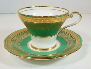 Vintage Aynsley Engish Bone China Teacup And Saucer Green And Gold