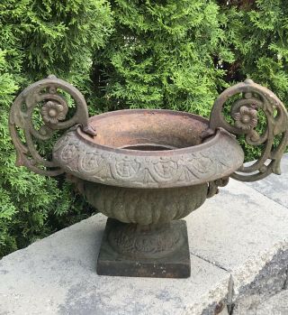 Antique French Cast Iron Garden Planter Urn With Handles Estate Find