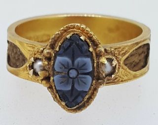 1901 Antique Victorian 15ct Gold Mourning Ring With Braided Hair Set In Band
