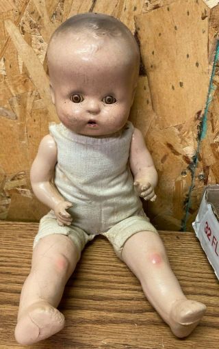 Antique Composition Baby Doll Molded Hair Sleep Eyes 13 " Unmarked Soft Body