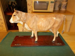 Late 1800s Early 1900s Large Size Cow Pull Toy With Metal Wheels Moos When Push