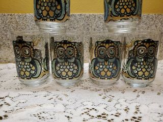 8 Vintage LIBBEY Stained Glass Owl Drinking Glasses MCM 4.  5 in. 2