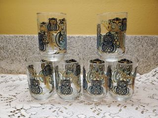 8 Vintage LIBBEY Stained Glass Owl Drinking Glasses MCM 4.  5 in. 3