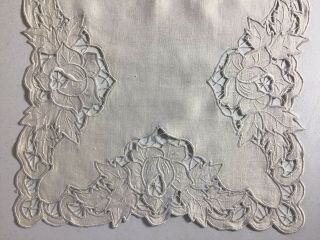 Vintage Linen Dresser Scarf Table Runner Embroidery Cutwork Roses White On White