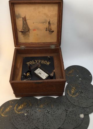 Antique Polyphon Music Box With 10 Discs Master Schultz