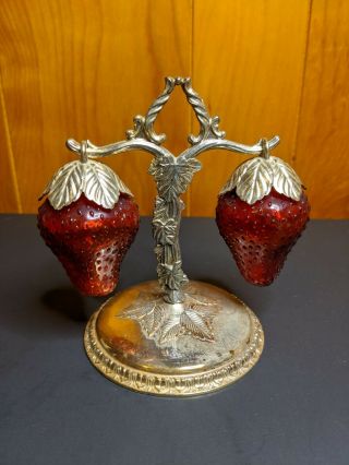 Vintage Hanging Strawberries Glass Salt & Pepper Shakers With Metal Stand