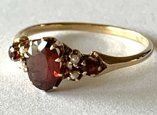 Antique Signed Ostby Barton 14k Gold Seed Pearls Garnets Ring