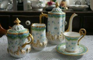 Antique T&v Limoges Teapot,  Creamer,  Sugar,  Cup And Saucer Set Signed,  France
