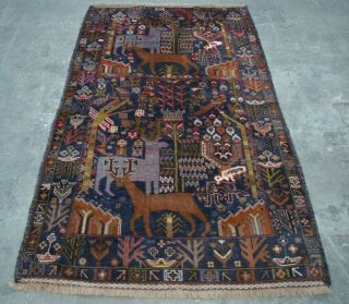F2156 Vintage Handmade Afghan Tribal Baluchi Pictorial Wool Decor Rug 3 