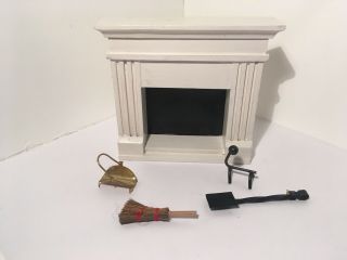 Vintage Dollhouse Miniatures White Wood Fireplace & Accessories 56