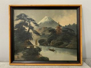Vintage Possibly Antique Asian Japanese Signed Oil On Board Mt.  Fuji Painting