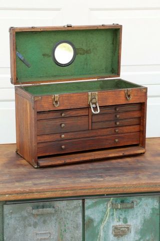 Antique 7 Drawer Machinist Tool Box Oak Wood Chest Jewelry Watches Old Mirror