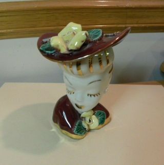 Vintage Lady Head Vase Burgundy W Yellow Rose No Mark 5 "