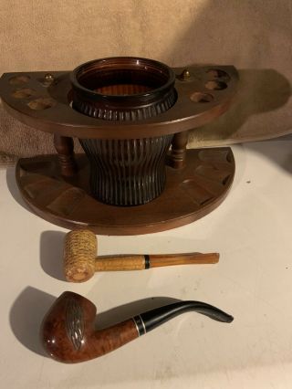 Vintage Wood Pipe Stand,  Pipe Cleaning Tool And 2 Pipes