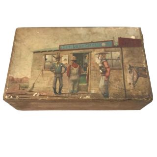 Vintage Cigar Decoupage Tramp Folk Art Wooden Trinket Receipt Box Western