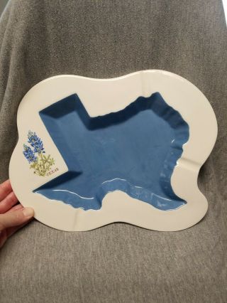 Vintage Ceramic Texas Ashtray Blue And White With Bluebonnets Transfer 1985